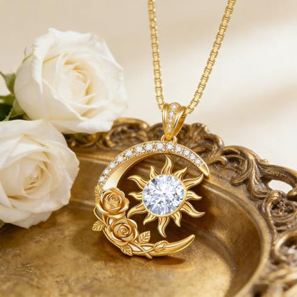 Midari 18K Yellow Gold Sun Moon Star Pendant Rose Flower Necklaces I Love You Forever Sun Moon Jewelry Gift for Mother Women - color: 04-Apri-White, style: Sun&Moon