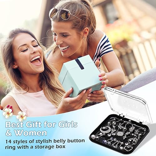 14 PCS Belly Button Rings for Women, 14G Long Dangle Navel Ring Screw Bar Design Body Piercing Jewelry Belly Rings Gifts