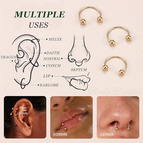 G23 Titanium 14/16/18/20G Septum Rings Horseshoe Nose Ring Jewelry | 2/3Pcs Circular Barbell Spike Lip Body Piercing Jewelry Conch Helix Tragus Earring Silver/Black 8/10/12mm 14K Gold Plated - color: Gold-3pcs, size: Balls-3pcs-20g-10mm