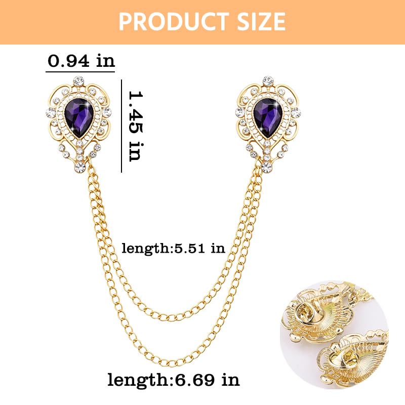 Teardrop Rhinestone Brooch Mens Lapel Pins for Shirt Collar Hanging Chain Brooch Suit Pin Crystal Rhinestone Lapel Pins for Men - color: Purple