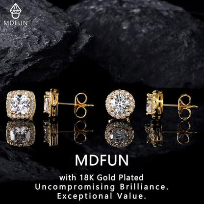 MDFUN Halo Stud Earrings 18K Gold Plated Round/Square/Heart/Teardrop Cubic Zirconia Earrings Set for Women - color: B-Round/Square