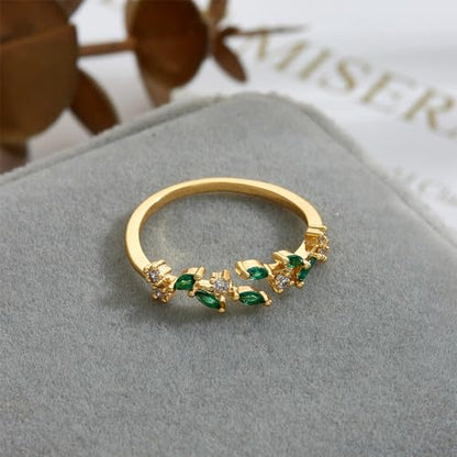 Gold Rings Non Tarnish Silver Adjustable Rings for Women Cubic Zirconia Leaf Ring Dainty Silver Stackable Ring for Women - style: green