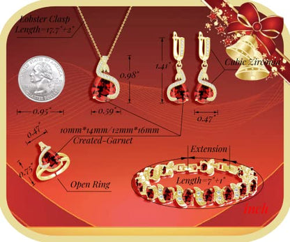 GZWHD Jewelry Set for Women Water Drop Cubic Zirconia Artificial Crystal Earrings Pendant Necklace Open Ring Tennis Bracelet Wedding Anniversary Birthday Engagement Gift for Bridesmaid Wife Girlfriend Friend - color: Gold-Garnet