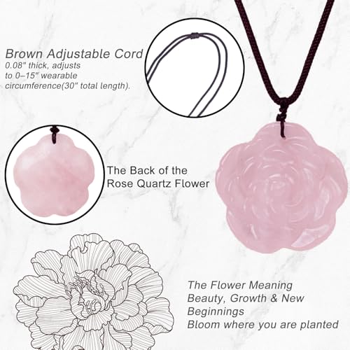 Crystal Flower Pendant Necklace for Women, Hand Carved Sculpted Flower Bloom Charm, Healing Stone Jewelry Gift for Her Mom Girlfriend - color: Pink