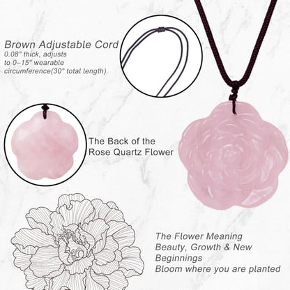 Crystal Flower Pendant Necklace for Women, Hand Carved Sculpted Flower Bloom Charm, Healing Stone Jewelry Gift for Her Mom Girlfriend - color: Pink