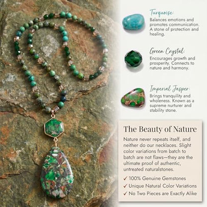 Gmai Boho Necklace for Women Long Beaded Pendant Necklace Natural Stone Teardrop pendant Jewelry Festival Vacation Gift Everyday Handmade Unique Statement Necklace - color: green