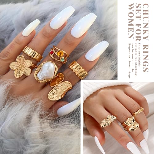 RIOSO Chunky Rings Set for Women Thick Large Big Bulk Statement Dainty Fashion Stackable Knuckle Ring Womens Chunky Rings Jewelry Sets