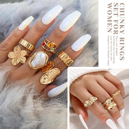 RIOSO Chunky Rings Set for Women Thick Large Big Bulk Statement Dainty Fashion Stackable Knuckle Ring Womens Chunky Rings Jewelry Sets