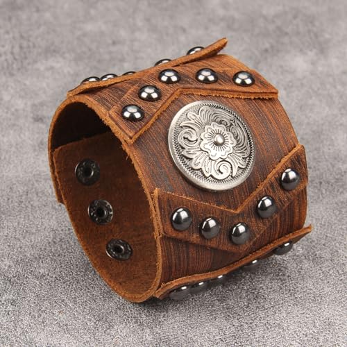 Jeilwiy Punk Leather Wristbands for Men Bracelets Handmade Wide Cuff Bangle Braided Jewelry Black Brown Adjustable - Punk Father's Gifts - color: 02 Leather Cuff Bracelet Brown