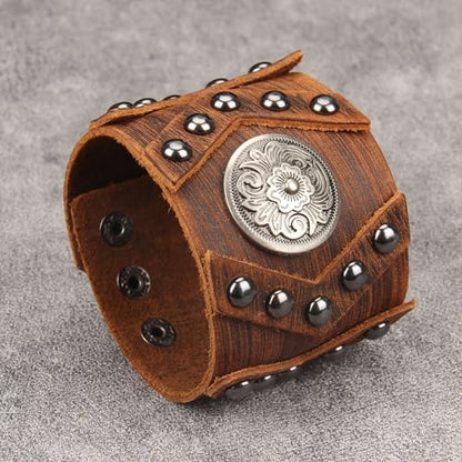 Jeilwiy Punk Leather Wristbands for Men Bracelets Handmade Wide Cuff Bangle Braided Jewelry Black Brown Adjustable - Punk Father's Gifts - color: 02 Leather Cuff Bracelet Brown