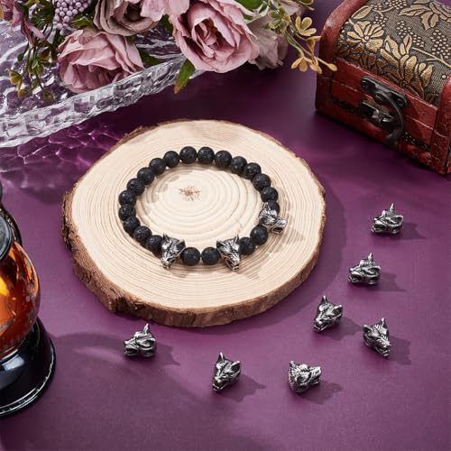 PH PandaHall Wolf Loose Beads 2mm Hole Stainless Steel Tibetan 14mm Antique Silver Spacer Beads Metal Animal Head European for Necklace Bracelet DIY Making - color: Antique Silver-1, size: 14x11x11mm
