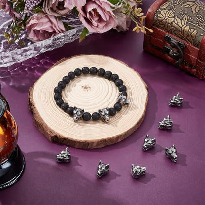 PH PandaHall Wolf Loose Beads 2mm Hole Stainless Steel Tibetan 14mm Antique Silver Spacer Beads Metal Animal Head European for Necklace Bracelet DIY Making - color: Antique Silver-1, size: 14x11x11mm