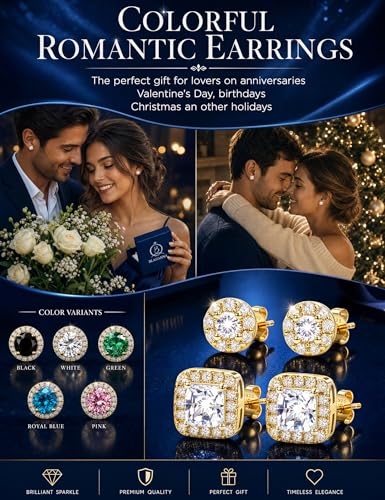 2 Pairs S925 Sterling Silver Stud Earrings for Women Halo Cubic Zirconia | 14K Gold Plated Hypoallergenic Non Tarnish Round Square Silver Stud Earring for Women Men Dainty Trendy Jewelry - style: Gold-Small Stone