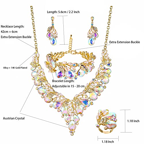Jewelry Set for Women, Statement Necklace Dangle Earrings Bracelet Ring, White/KC Gold Plated Jewelry Set with Rhinestone Pearl Crystal Wedding Party Jewelry for Bridal Bridesmaid - color: White AB-Gold Plated