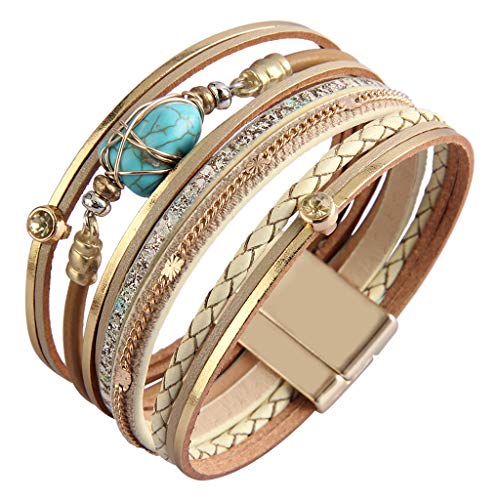 GelConnie Leather Wrap Bracelet Boho Cuff Bracelets Crystal Leather Bracelet Magnetic Multi Strand Bracelets Bohemian Bracelet Leather Wristbands Bangle Jewelry for Women Teen Wife Mother - color: Turquoise Leather Bracelet