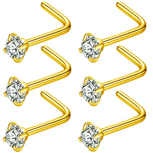 316L Surgical Steel 22g/20g/18g Nose Rings Studs L-Shape Nose Nostrial Piercing Body Jewerly L Shaped Nose Studs 1.5mm 2mm 2.5mm 3mm CZ Nose Screw Studs Rings for Women - style: 6pcs/L-shape/18g/2.5mm Clear CZ/Gold