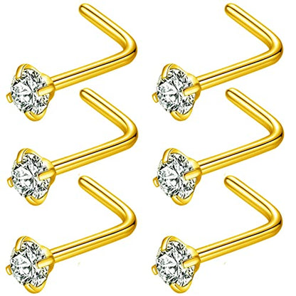 316L Surgical Steel 22g/20g/18g Nose Rings Studs L-Shape Nose Nostrial Piercing Body Jewerly L Shaped Nose Studs 1.5mm 2mm 2.5mm 3mm CZ Nose Screw Studs Rings for Women - style: 6pcs/L-shape/18g/2.5mm Clear CZ/Gold