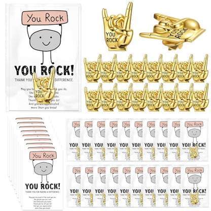 Zeyune You Rock Enamel Pins Employee Appreciation Gifts Bulk You Rock Gifts for Coworkers Office Staff Work Team Teacher Funny Employee of The Month Lapel Pin Thank Cards Bags - style: Gesture