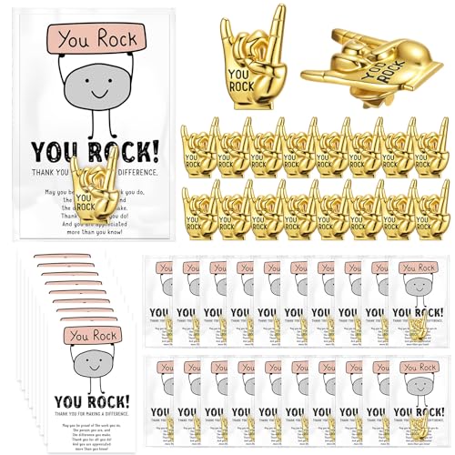 Zeyune You Rock Enamel Pins Employee Appreciation Gifts Bulk You Rock Gifts for Coworkers Office Staff Work Team Teacher Funny Employee of The Month Lapel Pin Thank Cards Bags - style: Gesture