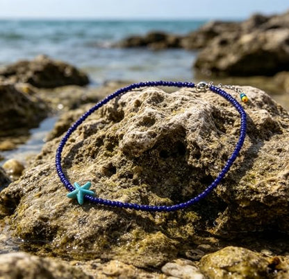 Seed Bead Choker Necklace for Women Bohemian Tiny Beads Choker Colorful Rice Bead Starfish Choker Summer Surfer Beach Necklace Jewelry Gift - color: Blue Plus