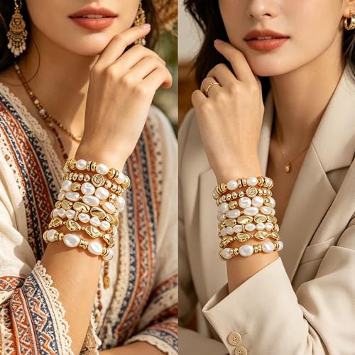 BROCC 8PCS Gold Beaded Bracelets for Women Simulated Pearl Beaded Bracelets | Simulated Pearl Beaded,Lightweight Feel,Durable Elastic Cord Design,Comfortable Fit for Most Wrists,Stylish and Versatile