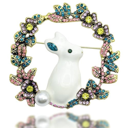 Cute Rabbit Rhinestone Brooch Pin for Women Girls, Fashion Crystal Bunny Animal Wreath Brooch Lapel Pins Dainty Clothes Accessory Jewelry Gift for Easter Day Birthday Party