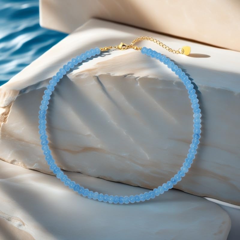 Beaded Necklace for Women,Natural Gemstone Necklace for Women,Colorful Bead Choker Necklace Handmade Surfer Beach Necklace Trendy Jewelry Gift for Women - style: 5x8MM Aquamarine