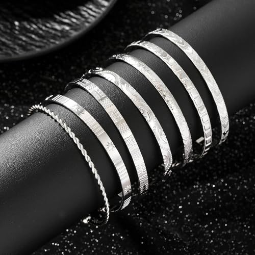 Gold Bangles for Women, 12 Pcs Boho Stackable Bracelets Multi Layer Textured Chunky Bracelets Jewelry Set for Women - color: 7 pcs silver bangles