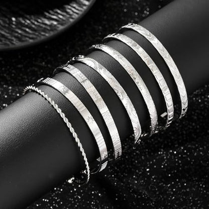 Gold Bangles for Women, 12 Pcs Boho Stackable Bracelets Multi Layer Textured Chunky Bracelets Jewelry Set for Women - color: 7 pcs silver bangles