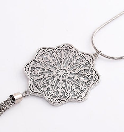 MOLOCH Long Necklaces For Woman Disk Circle Pendant Necklaces Tassel Fringe Necklace Set Statement Pendant - color: floral-shaped-silver
