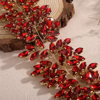 Missgrace Women Silver Green Black Red Blue Handmade Full Crystal Rhinestone Large Headband Hair Vine Shinny Headpiece Bridal Wedding Hair Accessories for Women (Red) - color: Red