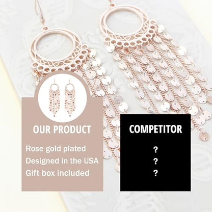 Bohemian Boho Tassel Dangle Drop Earrings for Women – Lightweight Filigree Gypsy Coin Chandelier Disc Charm Hoops – included Gift Box - style: Round - Rose Gold