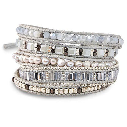 Bracelet for Women – Handmade Vegan Boho Natural Stone Layered Bracelet, Thailand Bohemian Stackable Beaded Wrap Bracelets, Summer Hippie Bracelet Stack, Fashion Jewelry Gifts - color: A8-Bianco