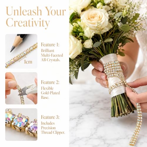 3FT Heavy Duty Crystal Rhinestone Trim Chain with Yarn Scissors, Sew-On Bling Appliqué for Wedding Bridal Dress, DIY Jewelry & Clothing Accessories (Gold) - color: Gold