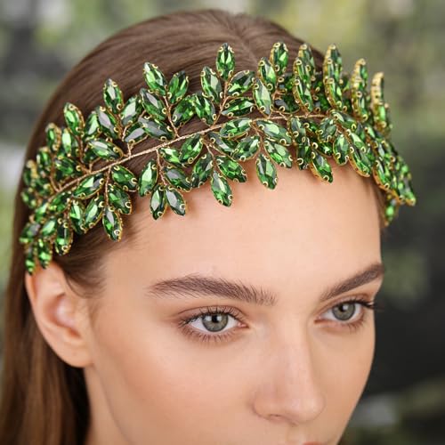 Missgrace Women Silver Green Black Red Blue Handmade Full Crystal Rhinestone Large Headband Hair Vine Shinny Headpiece Bridal Wedding Hair Accessories for Women (Green) - color: Green
