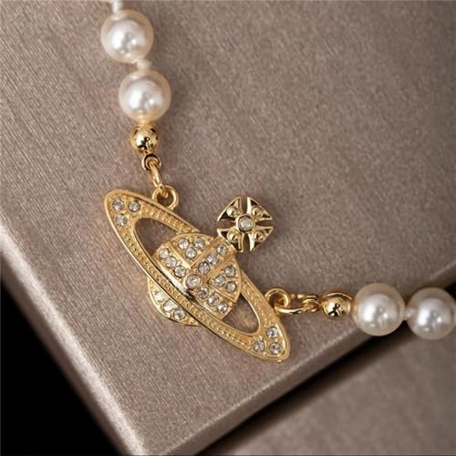 Dreuyet Saturn Pearl Necklace and Earrings Set Crystal Planet Earrings Dainty Artificial Pearl Choker Necklace Charm Gifts for Mum Wife Wedding Birthday Anniversary - color: Saturn Earrings Necklace Bracelet Gold