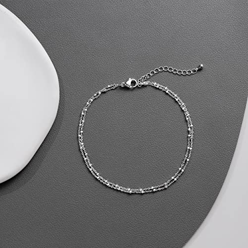 Dainty Simple Chain Anklet for Women 18k Gold/Silver Plated Summer Beach Beaded Evil Eye Moon Figaro Butterfly Satellite Cuban Pearl Flat Marina Anklet Gift - color: square dot-SL
