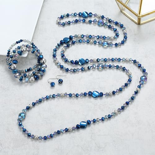 Trendy Infinity Wrap 60’’ Long Statement Necklace, Earrings and Bracelet Set - Hand Knotted Versatile Crystal and Shell Beads Strand Necklace and Chunky Beaded Stretch Bracelet Stack – Jewelry Set Gift for Women - color: Blue