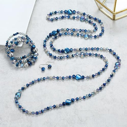 Trendy Infinity Wrap 60’’ Long Statement Necklace, Earrings and Bracelet Set - Hand Knotted Versatile Crystal and Shell Beads Strand Necklace and Chunky Beaded Stretch Bracelet Stack – Jewelry Set Gift for Women - color: Blue