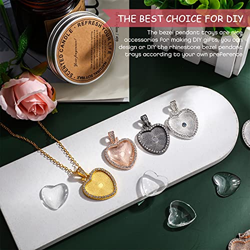Hicarer 24 Piece Rhinestone Bezel Pendant Tray Set, Include 12 Pcs Heart Shaped Pendant Tray Colorful Blank Charm with 12 Pcs Clear Cabochon for DIY Jewelry Craft(Gold, Silver, Rose Gold, Black)