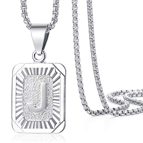Trendsmax Initial Letter Pendant Necklace Mens Womens Capital Letter White Gold Plated A Z Stainless Steel Box Chain 22inch - style: J