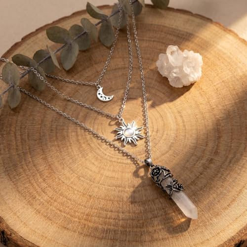 Gothic Emo Grunge Crescent Moon Layered Choker for Women | Boho Moon Sun Star Crystal Pendant Necklace, Punk Witchy Halloween Christmas Jewelry Accessories Gifts - color: White