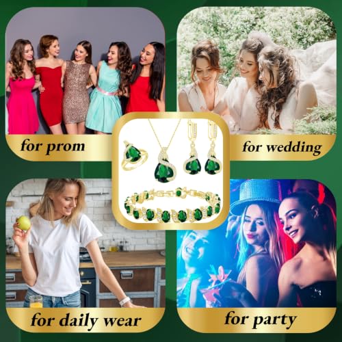 Jewelry Set for Women Teardrop Earrings Necklace Ring Bracelet Set Party Wedding Jewelry Gift for Mother Wife Friend - color: Gold-Green