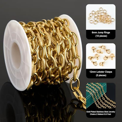 UMAOKANG Gold Plated Chains for Jewelry Making Stainless Steel Oval Chain | 2 Yard Embossed Oval Chains on Spool Jewelry Making Chain Bulk Chunky Chain Roll - color: Oval (Gold)