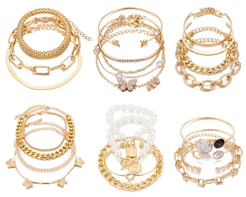 IFKM 6 PACK (24 PCS) Boho Gold Chain Bracelets Set for Women, 14K Gold Plated Multiple Layered Stackable Open Cuff Wrap Bangle Adjustable Link Italian Cuban Jewelry for Women Gift - style: 24 PCS Chains