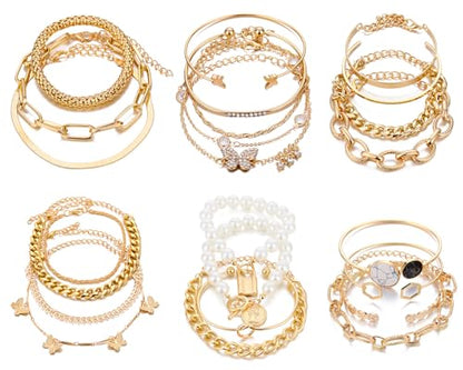 IFKM 6 PACK (24 PCS) Boho Gold Chain Bracelets Set for Women, 14K Gold Plated Multiple Layered Stackable Open Cuff Wrap Bangle Adjustable Link Italian Cuban Jewelry for Women Gift - style: 24 PCS Chains