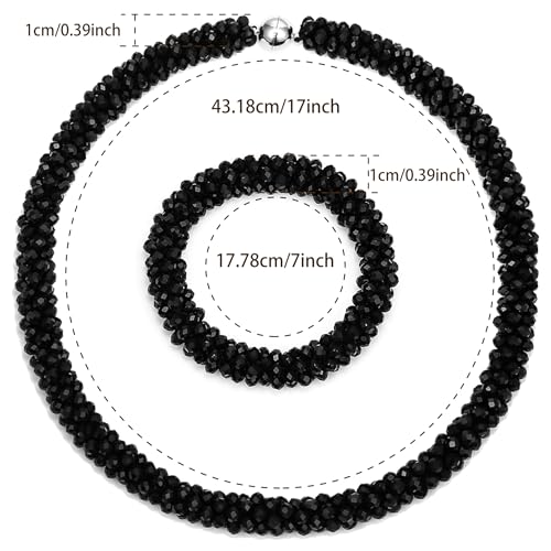 Hand Knotted Beads Statement Necklace Bracelet Jewelry Set Artificial Crystal Choker for Women- Handmade Beaded Strand Sparkly Faceted Crystal Rondelle-17inches, 30 Colors - color: Green Set