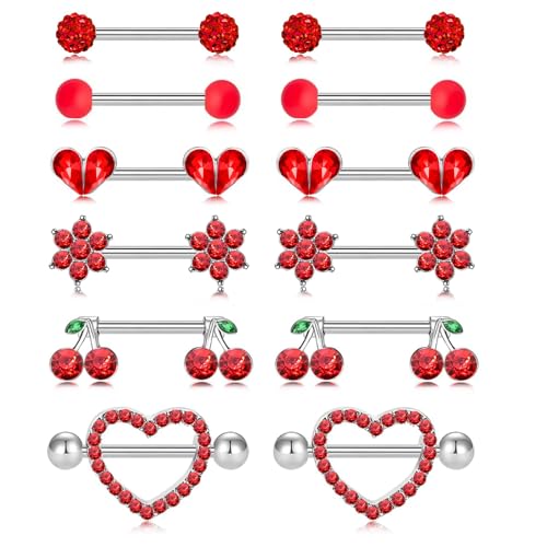 14G Nipple Rings for Women 316L Stainless Steel Heart,Butterfly,Moon,Devil,Flower Nipple Barbell CZ Nipple Rings Set Nipplerings Piercing Jewelry - color: RDE 3