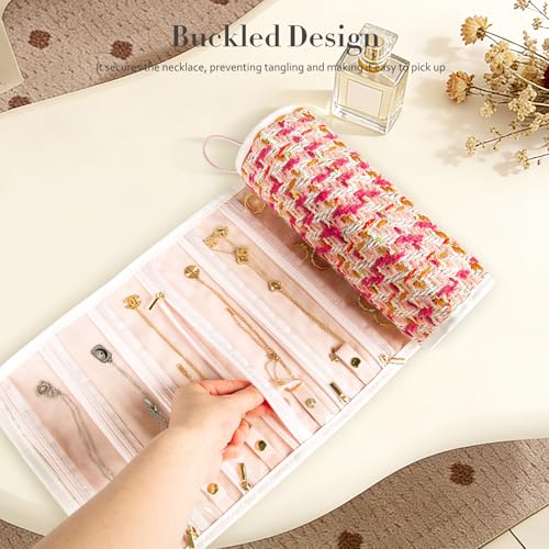 Abiudeng Tweed Travel Jewelry Organizer Roll with 20 Compartments - Rhinestone Button, Anti-Tarnish & Tangle-Free Necklace Storage Bag, Velvet Lined Scratch Protection Case for Women - Pink - color: Pink