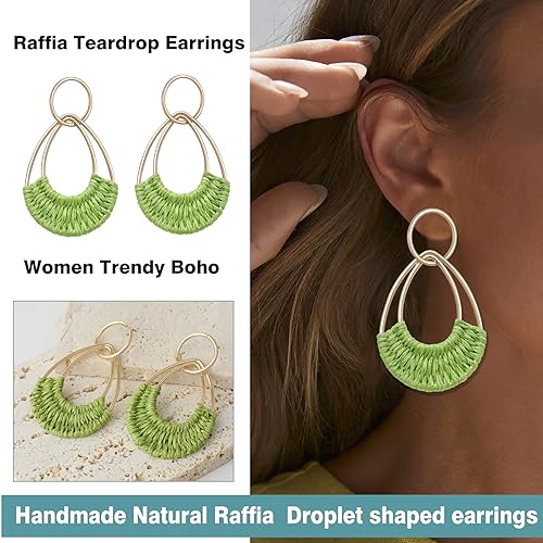 Raffia Hoop Earrings for Women Fun Boho Summer Beach Earrings Lightweight Handmade Straw Wicker Rattan Dangle Earrings Statement Geometric Round Drop Earrings - color: Green - Teardrop